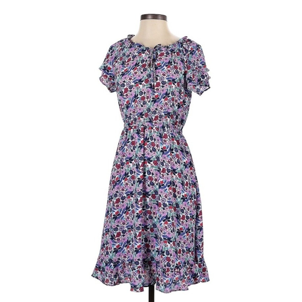 Talbots Floral Fit & Flare Dress 14 Short Sleeve Boat Neck Crepe Multicolor